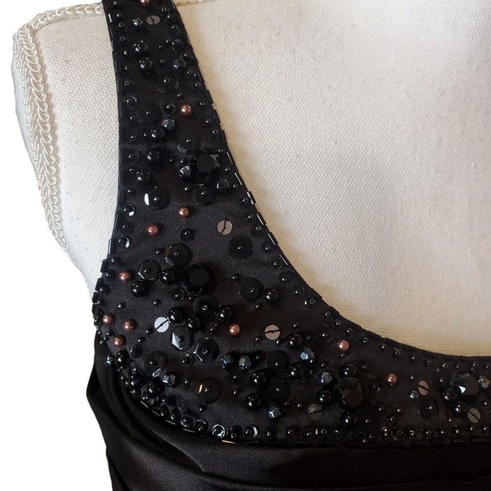 Y2K Black Satin One Shoulder Cocktail Dress Ruched Beaded LBD Sz 4‎ Knee Length - Picture 7 of 12